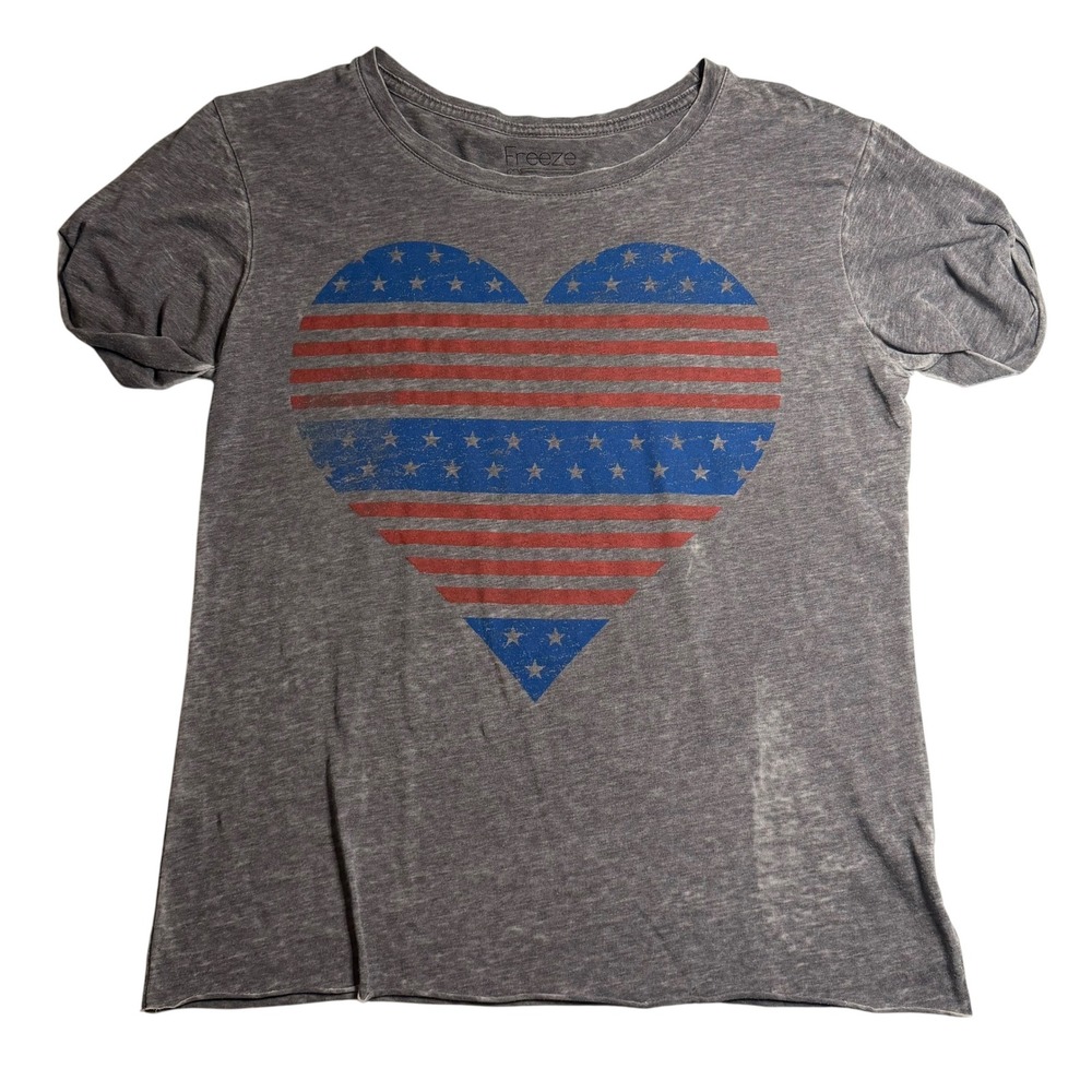 Freeze 24-7 Graphic Tee Gray Heart American‎ Flag Stars Stripes Small Women